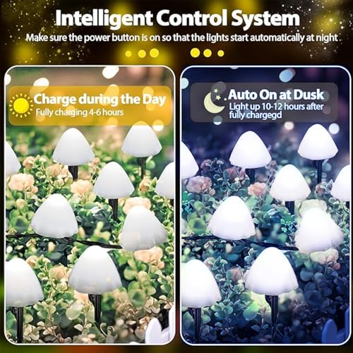 OZS 2PK 32LED 55FT Mushroom Solar Garden Lights Outdoor, Solar String Lights Waterproof with 8 Lighting Modes, Solar Garden Decor for Outside, Pathway Light for Yard Decoration (Cool White) - color: Mushroom-Cool White
