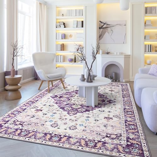 Amearea Vintage Design Area Rugs for Living Room, 4x6 Machine Washable Floral Collection Traditional Bedroom Rug, Low Pile Cute Kids Room Print Carpet, No Slip Office Kitchen Home Decor, Purple - color: Purple, size: 4' X 6' (Rectangular)