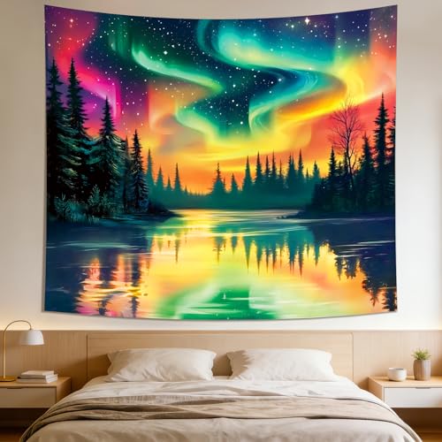 Apdidl Forest Space Tapestry for Bedroom Ceiling, Large Nature Colorful Galaxy Night Starry Sky Tapestries, Northern Aurora Landscape Tree Wall Hanging Decor for Living Room Boys (51"X60") - color: Wall Tapestry Aurora, size: 60"L x 51"W