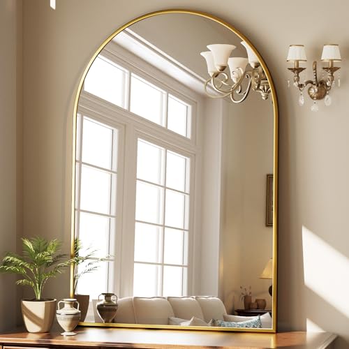 HARRITPURE Arched Bathroom Mirror - 30"x48" Gold Large Wall Mounted Vanity Mirror Aluminum Alloy Frame Arch Wall Mirror for Living Room, Bedroom, Entryway - color: Gold-1pcs, size: 48"L x 30"W