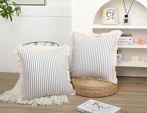 NUYECY Set of 2 Light Grey Boho Throw Pillow Covers 20 x 20,Cotton Neutral Pillow with Tassel Fringe,Decorative Pillow Cover Pillow Case Cushion Cover for Bed Sofa Couch Farmhouse Living Room - color: Stone Grey, size: 20" x 20" (Pack of 2)