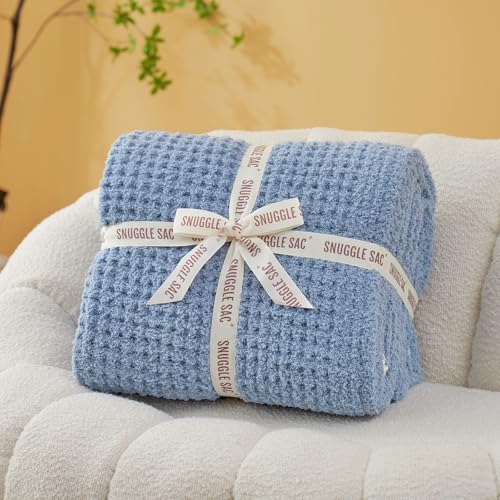 Snuggle Sac Ultra Soft Waffle Throw Blanket for Couch Bed Sofa 50x60 inches, Reversible Blue Blanket Microfiber Fluffy Fuzzy Cozy Knit Throws for Women Mothers Birthday Gifts - color: Waffle Washed Blue, size: Throw(50"x60")