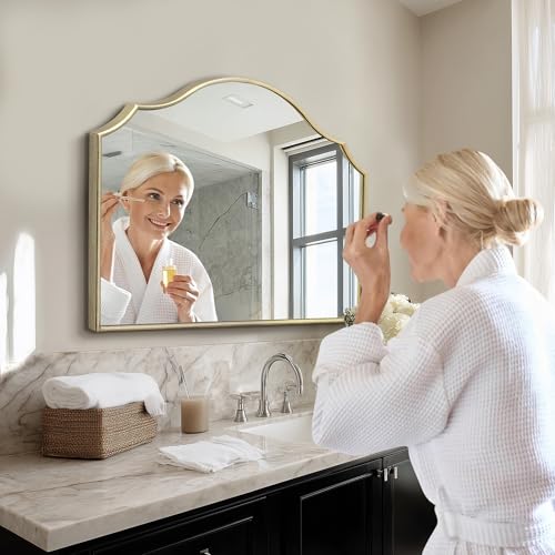Besdomus Gold Scalloped Mirror for Vanity: 32"x24" Modern Minimalist Wooden Bathroom Mirror - Decorative Dresser Wall for Mantel/Bedroom/Entryway/Hallway - Ideal for 20-55 Age Fashion Women - color: Gold Leaf, size: 24"L x 32"W