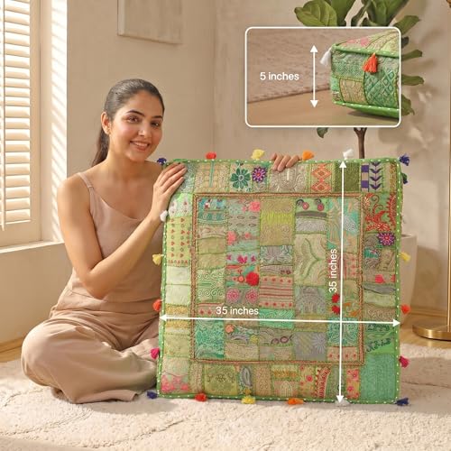 THE ART BOX Cotton Patchwork Vintage Boho Embroidered Floor Pillows & Cushion Cover Green Pouf Seating Pouf Meditation Pillow Pet Bedding Bed Boho Home Décor (35x35 Inches, Cover Only) - color: Light Green