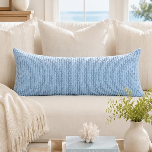 JoraLion 14x36 Boho Decorative Lumbar Throw Pillow Cover, Light Blue Cozy Soft Striped Corduroy Long Rectangle Cushion Case Accent Home Decor for Sofa Bed Room Livingroom, ONLY Cover - color: Light Blue, size: 36" x 14" (Pack of 1)