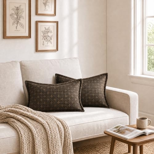AVOIN colorlife Pack of 2 Decorative Throw Pillow Covers 20x12 Inch, Flange Edges Woven Textured Cushion Case Home Decor for Couch Sofa Bed Living Room Dark Coffee - color: Dark Coffee, size: 20" x 12" (Pack of 2)