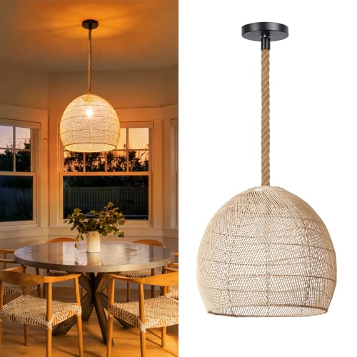 Arturesthome Natural Rattan Pendant Light for Kitchen Island, Woven Lamp Shade Chandelier, Hanging Ceiling Light, Handmade Lampshade Rope Lamp D15.7in*13.7in - size: 15.7″W x 13.7″H