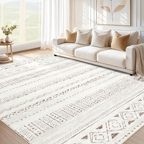 cotiled 5x7 Area Rugs Living Room Rug: Washable Boho Rugs with Non Slip Backing Large Soft Indoor Stain Resistant Carpet for Bedroom Farmhouse Dining Room Lightweight Home Decor L Brown/Cream - color: Light Brown/Cream, size: 5' x 7' (Rectangular)