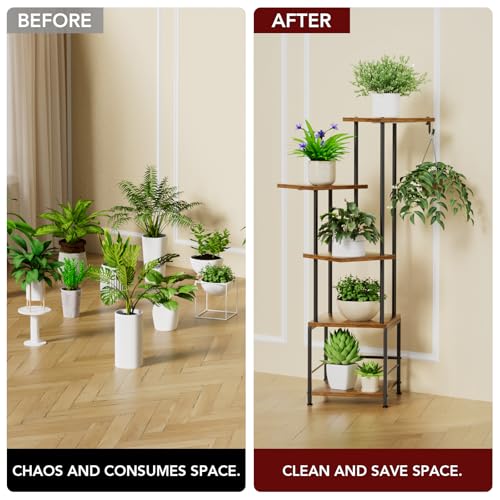 Homsorout Plant Stand Indoor with Grow Light - 5-Tier Metal Plant Shelf with Hanging Basket Hook, Corner Tall Flower Holder for Multiple Plants, Living Room Balcony Garden Patio, Rustic - color: Rustic, size: 5-Tier