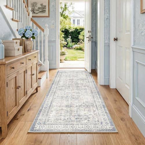 FMFUNCTEX 2x6 Hallway Runner Rug Blue Neutral Vintage Washable Distressed Non Slip Low Pile Oriental Indoor Carpet Soft Retro Entryway Rug for Kitchen Laundry Entrance Entry Living Room Bedroom - color: Blue, size: 2' x 6' (Rectangular)