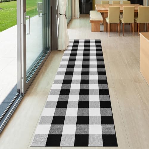 Buffalo Check Rug Black and White Buffalo Plaid Hallway Runner Rug 2x8 Cotton Woven Rug Carpet Runner for Entryway Farmhouse Kitchen Bathroom Indoor-Outdoor Front Door Mat - color: Black and White, size: 2‘×8’