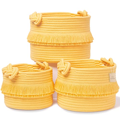 NaturalCozy 3-Piece Boho Decor Storage Basket Set – Cotton Rope Woven Baskets for Organizing! Small Basket for Baby Stuff, Baby Shower, Gift Basket, Nursery Baby Basket, Planter, Toy Basket, Shelves - color: Gold