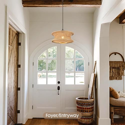 13" Boho Rattan Pendant Light Fixture, Hand Woven Hanging Ceiling Lamp for Kitchen Island, Dining Room, Entryway, Small Rustic Natural Woven Lighting