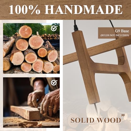 Farmhouse Wooden L24'' Chandelier Rustic Oak Wood Pendant Lights Mid Century 4-Light Milk Glass Globe Pendant Chandelier for Dining Room Kitchen Foyer Entryway Bedroom, G9 - color: Golden Oak, size: L24 inches