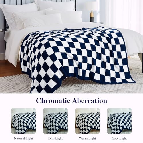 Checkered Throw Blanket, Dark Blue Soft Cozy Fluffy Knitted Throw Blankets for Couch, Sofa, Bed, Chair, Warm Fuzzy Travel Picnic Lightweight Plaid Blanket, 50x70 inches - color: Dark Blue, size: 50×70 Inch