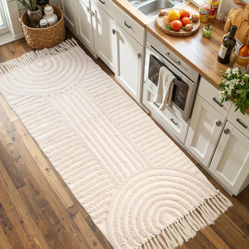 Boho Bathroom Rugs with Tassels Cotton Bath Mat Washable Bathroom Rugs, Boho Area Rug Beige Tufted Woven Rainbow Rug 2' x 4.3' - color: Rainbow Cream, size: Medium(2'x4.3')