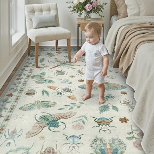 Beeiva Insect Print 8x10 Rug for Bedroom - Beige Fantasy Moth Rug for Living Room Dining Room Under Kitchen Table Nursery, Vintage Non Slip Large Carpet Butterfly Cottagecore Decor(8'x10',Beige) - color: Beige, size: 8' x 10' (Rectangular)
