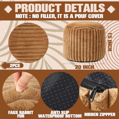 Teenyyou 2 Pcs 20 x 15 Inch Unstuffed Pouf Cover Ottoman Foot Rest - No Filler, Faux Rabbit Fur Foot Stool Floor Bean Bag Floor Chair Storage for Living Room Bedroom Home Decor(Brown) - color: Brown, size: 20 x 15 In