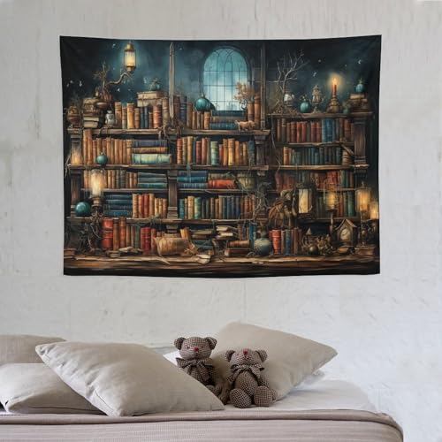Retro Bookshelf Tapestry Vintage Library Wall Hanging Tapestries,Old Books on Shelf Classical Study Room Student Study College Dorm Bedroom Living Room 40"x30" - color: Bookshelf-3, size: 40"L x 40"W