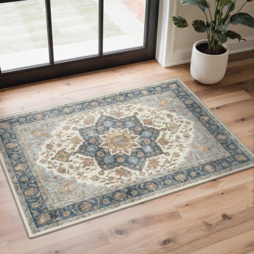 GENIMO Area Rug 2x3 Doormat, Machine Washable Low Pile Rugs, Small Retro Entryway Mat for Entrance, Hallway, Kitchen and Corridor, Vintage Blue Medallion - color: Vintage Blue Medallion, size: 2' x 3' (Rectangular)
