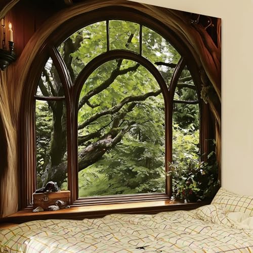 Apdidl Forest Window Tapestry for Bedroom, Nature Green Tree Medieval Large Wall Mural Tapestries Aesthetic, Vintage Outdoor Landscape Backdrop Wall Hanging for Living Room Curtain Decor (51" X 60") - color: B-Window Forest Tapestry, size: 60"L x 51"W