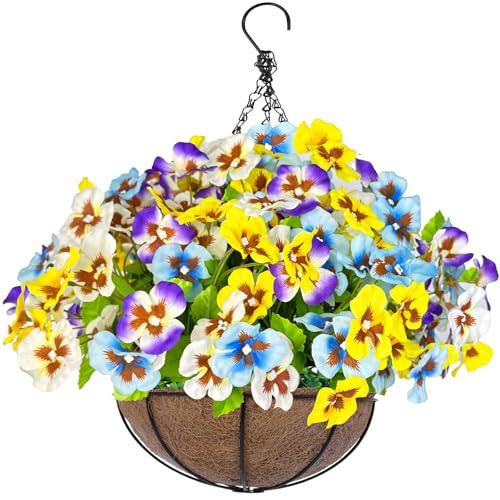 Artificial Hanging Flowers Plants Baskets Outdoor Outside Decoration, Pansies UV Resistant Waterproof Spring Fake Silk Flowers Faux Hanging Planters for Porch Patio Balcony Yard Home Decor - color: 1 Set – Pansies Tri-color (Purple/Yellow/White)