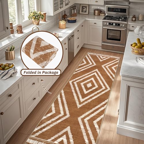 Boho Runner Rugs for Hallway 2.6x8Ft Non Slip, Brown Washable Kitchen Rug with Rubber Backing, Soft Moroccan Farmhouse Entryway Runner, Low Pile Geometric Floor Carpet for Bedroom Home Decor - color: Brown, size: 2'8" x 8' (Rectangular)