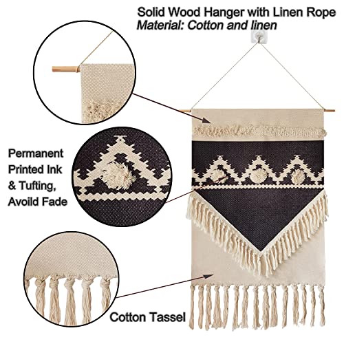 Macrame Woven Wall Tapestry Hanging Art, 20" W x 34" H Extra Large Boho Chic Bohemian Morocco Geometric Tapestries Decor for Apartment Dorm Kids Living Room Bedroom Door Entrance (Black Triangle-004)