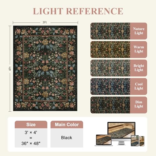 DUKINO 3x4 Area Rug for Entryway, Low Pile Vintage Washable Floral Rug with Non Shedding Design, Lightweight & Non Slip Soft Small Carpet for Kitchen, Bathroom, Bedroom, Dining Room, Black - color: Black, size: 3' x 4' (Rectangular)