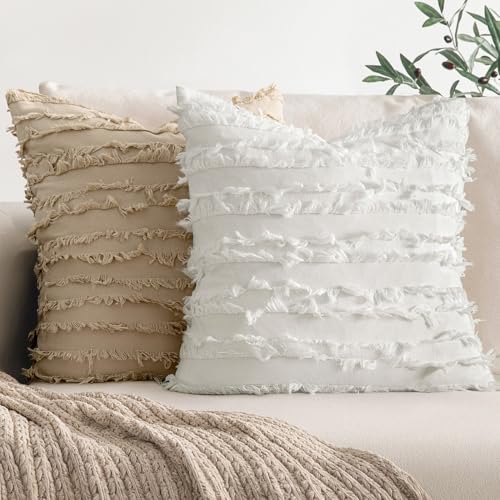 MIULEE Set of 2 Decorative Boho Throw Pillow Covers Spring Linen Striped Jacquard Pattern Cushion Covers for Sofa Couch Living Room Bedroom 16x16 Inch White - color: White, size: 16" x 16" (Pack of 2)