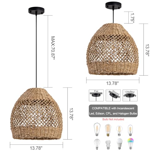 Boho Rattan Pendant Lights 13.8IN Farmhouse Dining Room Light Fixtures Hand-Woven Seagrass Chandelier Coastal Wicker Hanging Lighting for Kitchen Island Entry Living Room Bedroom Foyer Restaurant - color: Coffee-C