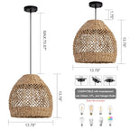 Boho Rattan Pendant Lights 13.8IN Farmhouse Dining Room Light Fixtures Hand-Woven Seagrass Chandelier Coastal Wicker Hanging Lighting for Kitchen Island Entry Living Room Bedroom Foyer Restaurant - color: Coffee-C