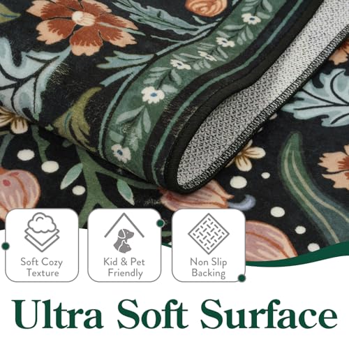 Moynesa Floral Kitchen Runner Rug, 2x6 Runners for Hallways 6ft Non Slip Washable Soft Rug Runners, Boho Botanical Ultra Thin Stain Resistant Carpet Runner for Bathroom Entryway, Black - color: Black, size: 2' x 6' (Runner)