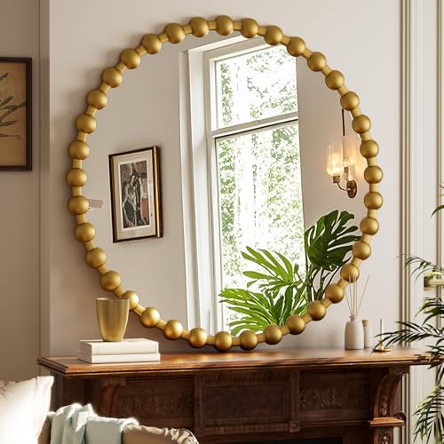 Easly Round Mirror for Wall, 36 Inch Gold Beaded Frame Decorative Vanity Mirror, Circle Bathroom Mirror with High-Definition Lense, Modern Wall Decor for Bathroom, Living Room, Bedroom, Entryway - color: Gold, size: 36"L x 36"W