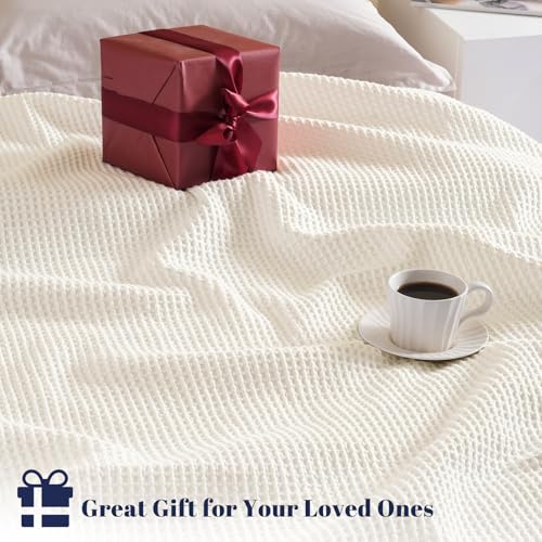PHF Pre-Washed 100% Cotton Waffle Weave Blanket Queen Size for Bed,Snag Proof Throw Blanket for Couch Spring Summer Lightweight Breathable,Machine Washable, Home Decor Gift - Cream - color: Cream, size: Queen(90" x 90")