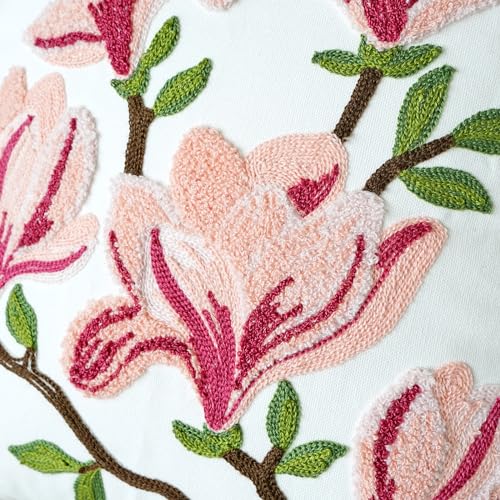 vctops Farmhouse Magnolia Flower Cotton Tufted Throw Pillow Cover Spring Floral Embroidery Pillowcase Soft Square Cushion Case for Sofa Couch Bed Chair (Pink E,18"x18") - color: Pink E