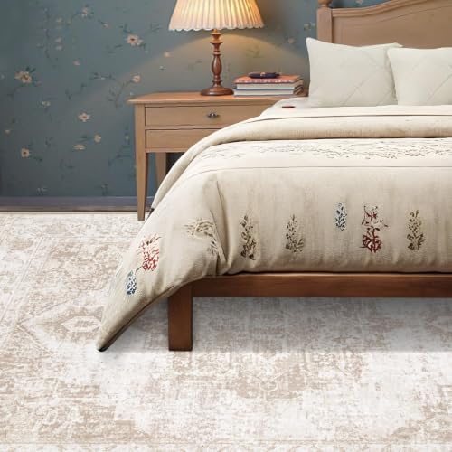 Area Rug 5x7 Vintage Rug: Washable Indoor Medallion Rugs Low Pile Distressed Floor Carpet Retro Accent Rug for Living Room Bedroom Kitchen Dining Table Home Office(Beige, 5'x7') - color: Beige, size: 5' x 7' (Rectangular)