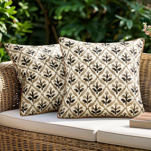 MIULEE Pack of 2 Decorative Outdoor Waterproof Throw Pillow Covers Flower Print Chic Boho Accent Pillow Covers for Square Garden Patio Cushion 20x20 Inch, Coffe-Brown - color: Coffe-brown, size: 20" x 20" (Pack of 2)