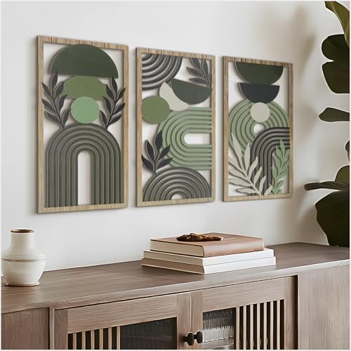 VIYYIEA Boho Solid Wood Carved Wall Art Set of 3, Geometric Minimalist Wooden Home Decor Panels, Handcrafted Solid Wood Wall Hanging for Living Room Bedroom Hallway, 16 x 8 Inch Each (Boho Green) - color: BOHO