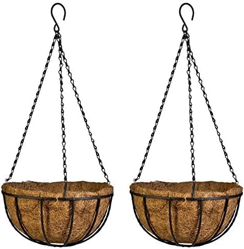 Kingbuy 14 Inch Metal Hanging Planter Basket with Coconut Liner, Wire Plant Holder Watering Pot for Indoor Outdoor Garden Balcony Patio Decoration - 2 Pack