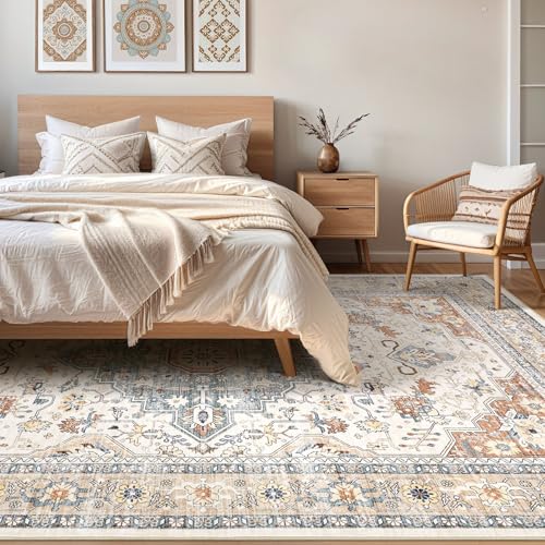 8x10 Area Rugs Living Room: Washable Boho Large Neutral Vintage Soft Rug Stain Resistant Distressed Farmhouse Non-Slip Indoor Floor Carpet for Bedroom Nursery Kids Office Dining Room- Beige Blue - color: Beige Blue, size: 8' x 10' (Rectangular)