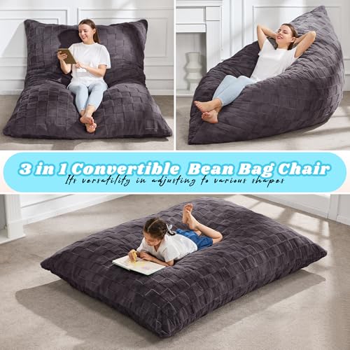Hobestluk 3 in 1 Bean Bag Chair Giant Bean Bag Chairs for Adults with Plaid Cover Convertible Bean Bag Floor Cushion with Machine Washable Cover for Living Room (Plaid Dark Grey) - color: Jet Grey