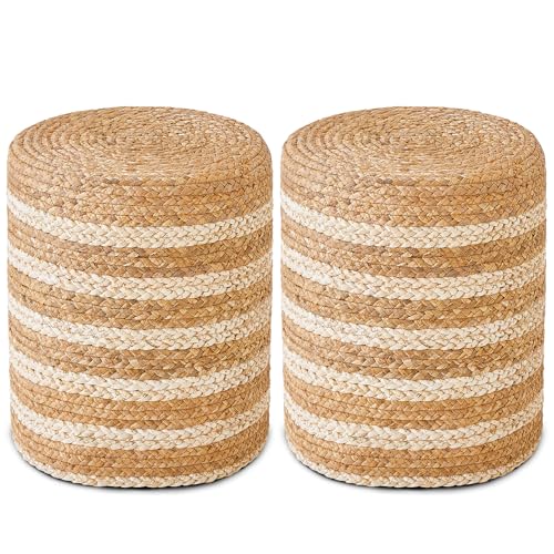 Wimarsbon 2Pcs Pouf Ottomans, Natural Seagrass Foot Stool, Hand Weaving Round Ottoman, Boho Decorative Seat, Jute Braided Pouffe Poof Accent Sitting Footrest for Living Room (Water Hyacinth-White) - color: 14inchwater Hyacinth Braid & White Cotton Rope