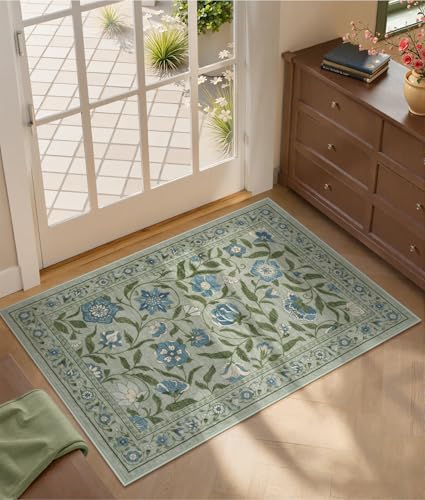 Collive Washable Entryway Rugs, Green 2 x 3 Spring Floral Rug Modern Soft Kitchen Carpet Non Slip, Vintage Bathroom Mats Stain Resistant Inside Front Door Mat for Entrance, Bedroom - color: Green, size: 2' x 3'