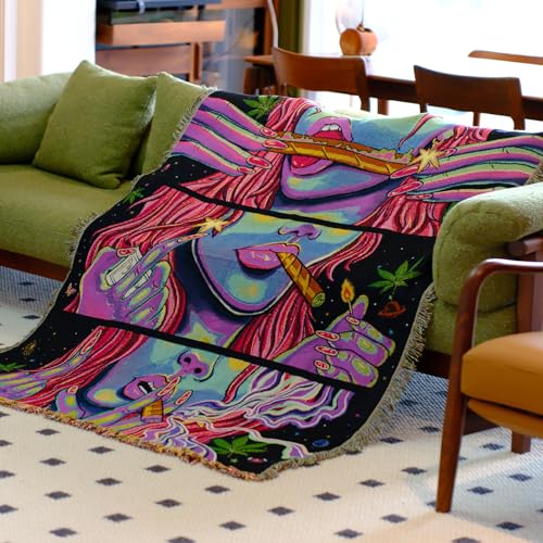 Trippy Throw Blanket for Couch Bed Lounge Chair Hippy Trippy Boho Chair Throw Blanket Hippie Hippy Wall Tapestry Woven Throws Blankets Smoking Weed Accessories Marijuana Cannabis Boho Room Decor 51x59 - color: Woven Cool Girl
