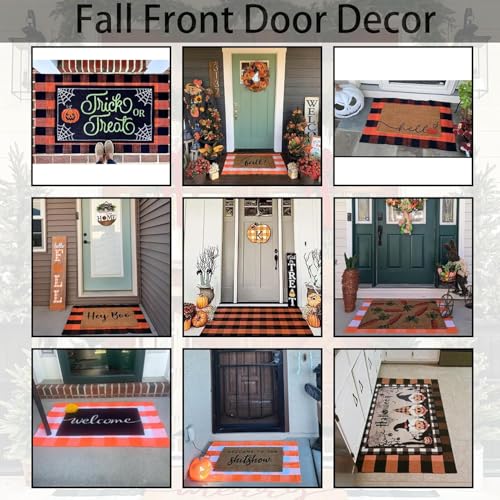Orange and White Plaid Rug, 24'' x 51'' Fall Front Door Decor Mat, Cotton Washable Hand-Woven Door mat for Layered Doormat, Autumn Halloween Thanksgiving Carpet for Porch, Entryway - color: Orange & White Plaid, size: 2' x 4'3" (Rectangular)