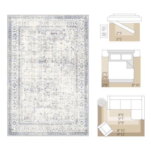 FMFUNCTEX 8x10 Washable Area Rug Blue Neutral Vintage Distressed Oriental Large Non Slip Carpet for Living Room Bedroom Traditional Retro Soft Low Pile Indoor Rugs for Dining Room Office Nursery - color: Blue, size: 8' x 10' (Rectangular)