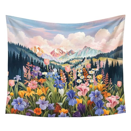gsgfdshf Colorful Wildflower Mountain Wall Tapestry, Spring Floral Forest Nature Landscape Aesthetic Tapestry Wall Hanging for Bedroom Living Room Home Decor, 50x60 Inch - color: Landscape Text-Tapestry-I