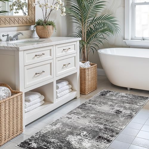 2x6ft Washable Kitchen Runner Rug – Non-Slip Low-Pile Floor Carpet Runner for Indoor Hallway, Bedroom, Bedside & Entryway, Modern Abstract Neutral (Black Grey,2x6) - color: Black Grey, size: 2' x 6' (Rectangular)