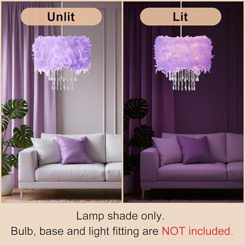 Feather Lamp Shade with Acrylic Beads Droplets, Fluffy Lampshade for Pendant, Table, Floor & Wall Lighting, Girl Bedroom Decor, ID 11.8inch, OD 15.7inch, Purple - color: Purple, size: 15.7 inches